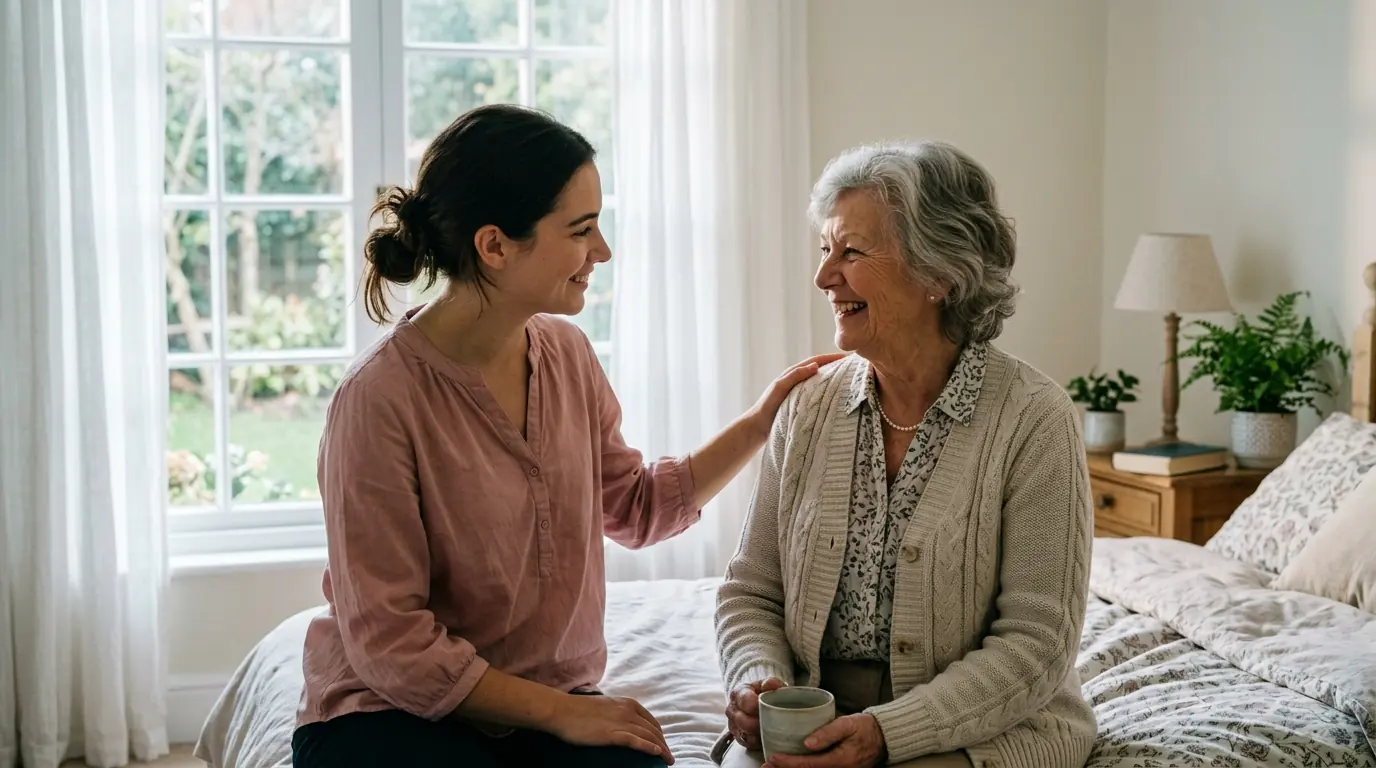 An older woman smiling while a caregiver sits beside her