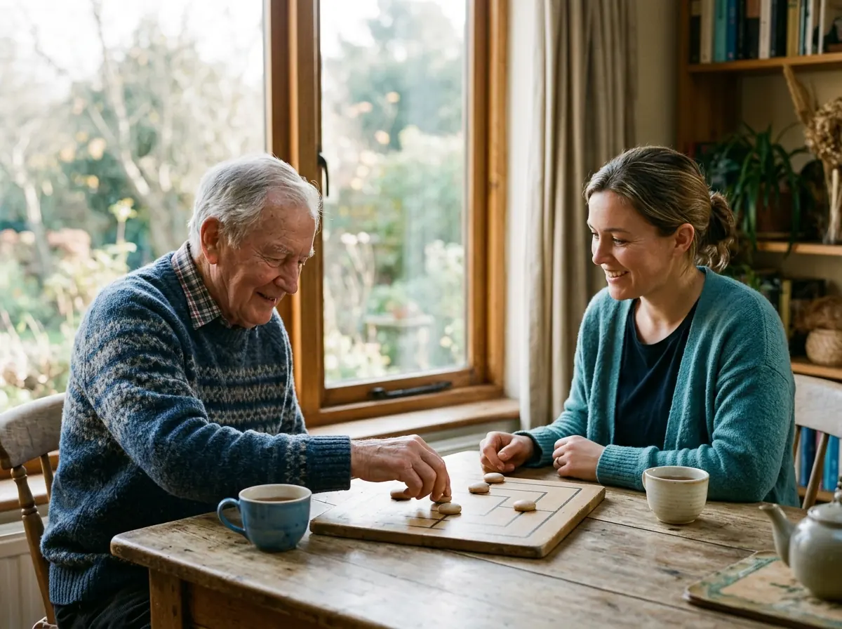 Memory Care Support: a caregiver and an older adult together at home