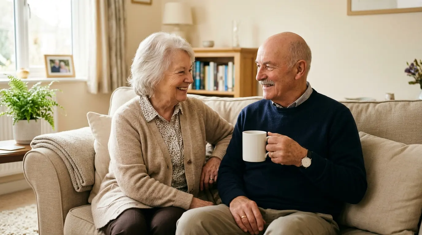 An older couple talking together in a bright living room