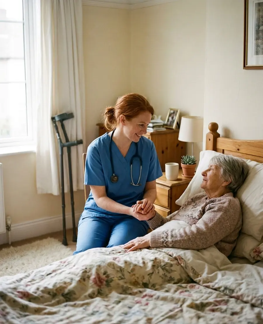 A home care nurse sitting beside an older woman resting in bed