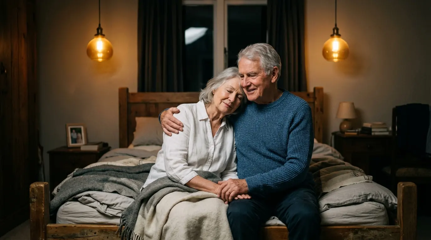 An older couple sitting close together in a warmly lit bedroom