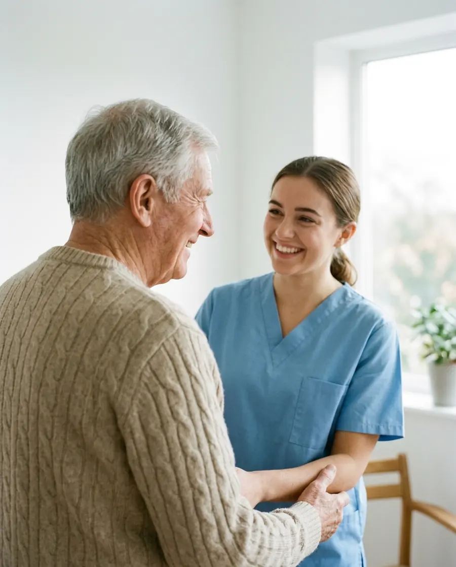 An older man in a knit sweater smiling at a caregiver in light blue scrubs