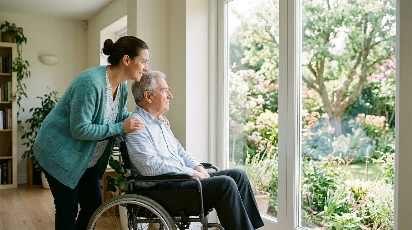 A caregiver and an older man in a wheelchair looking out at a garden
