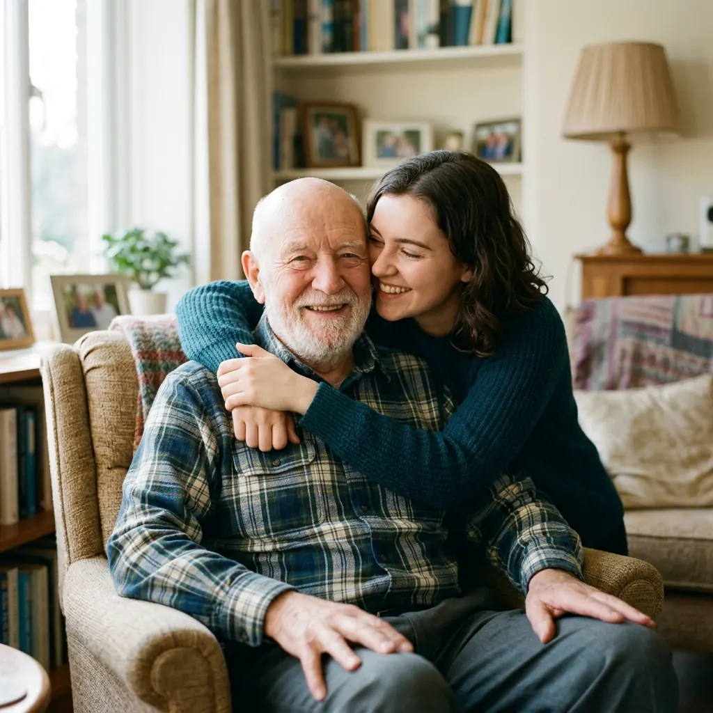 A smiling older man being hugged by a young caregiver