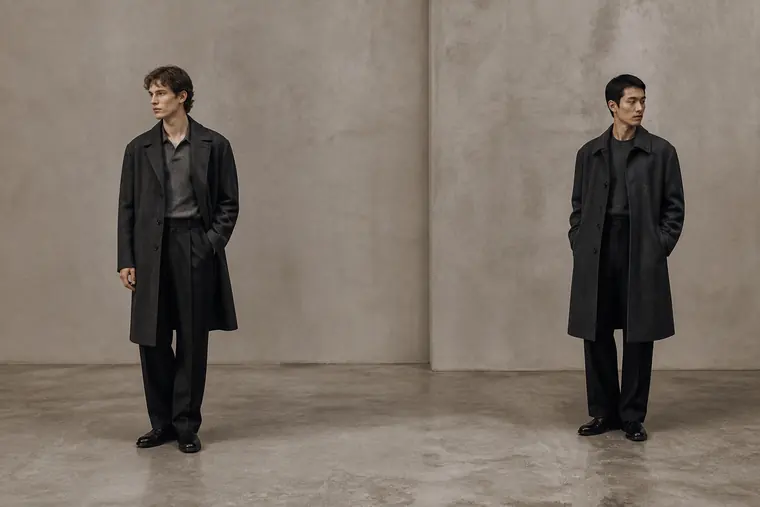 Two models in charcoal overcoats standing apart in a concrete studio