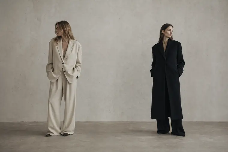 Two models in a cream blazer and a black coat in a plaster-walled studio