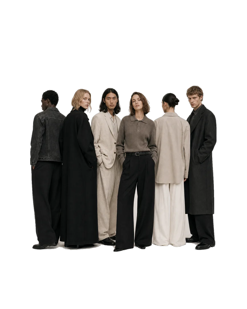 Six models standing together in winter coats, knitwear and wide trousers