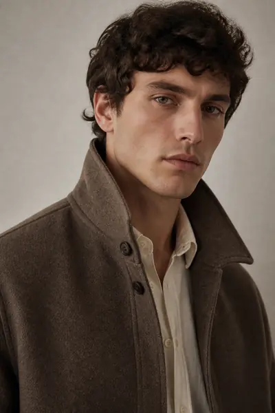 Close crop of a model in a brown wool jacket with a raised collar