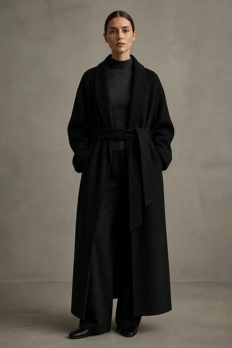 Model in a long black wool coat for the Ostra campaign