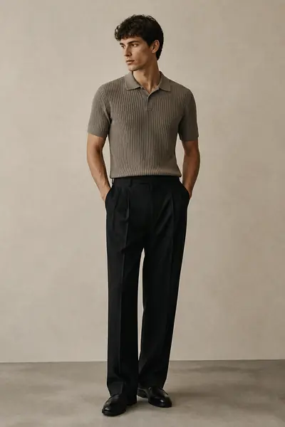 Model wearing a taupe ribbed knit polo and black trousers in a grey studio
