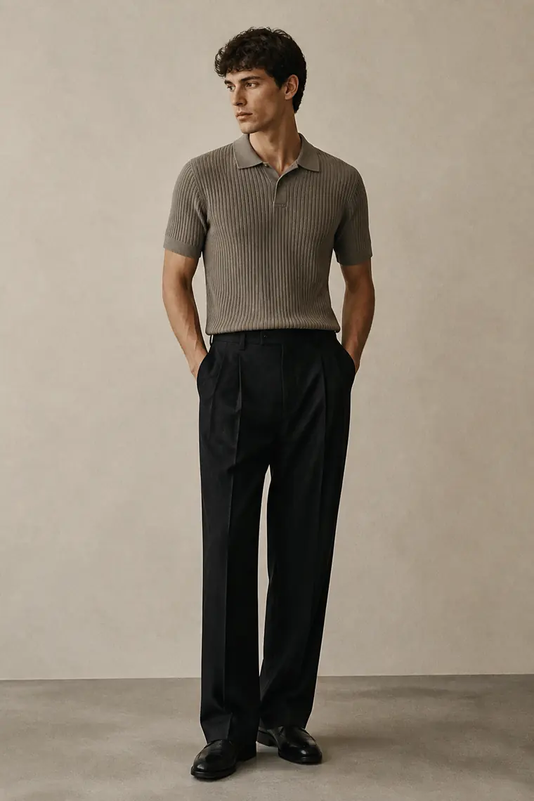 Model in a taupe knit polo for the Brinke campaign
