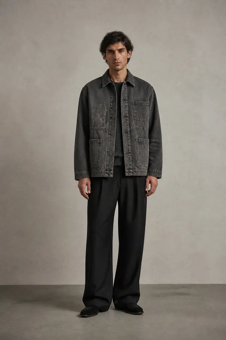 Model wearing a washed charcoal denim chore jacket and black wide-leg trousers