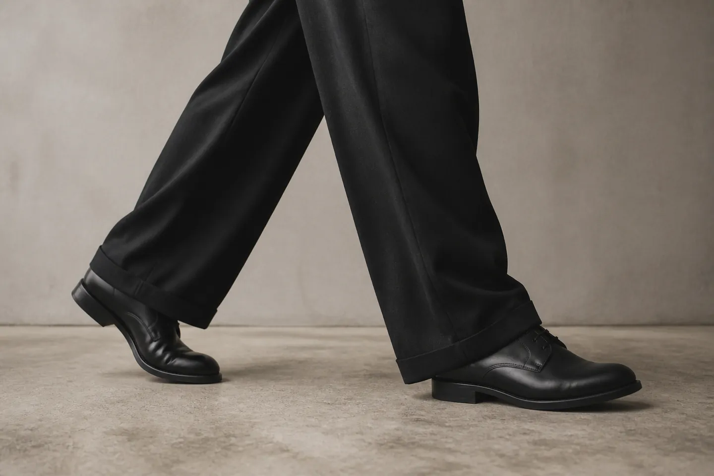 Wide black wool trousers and polished leather shoes mid-stride on a pale concrete floor