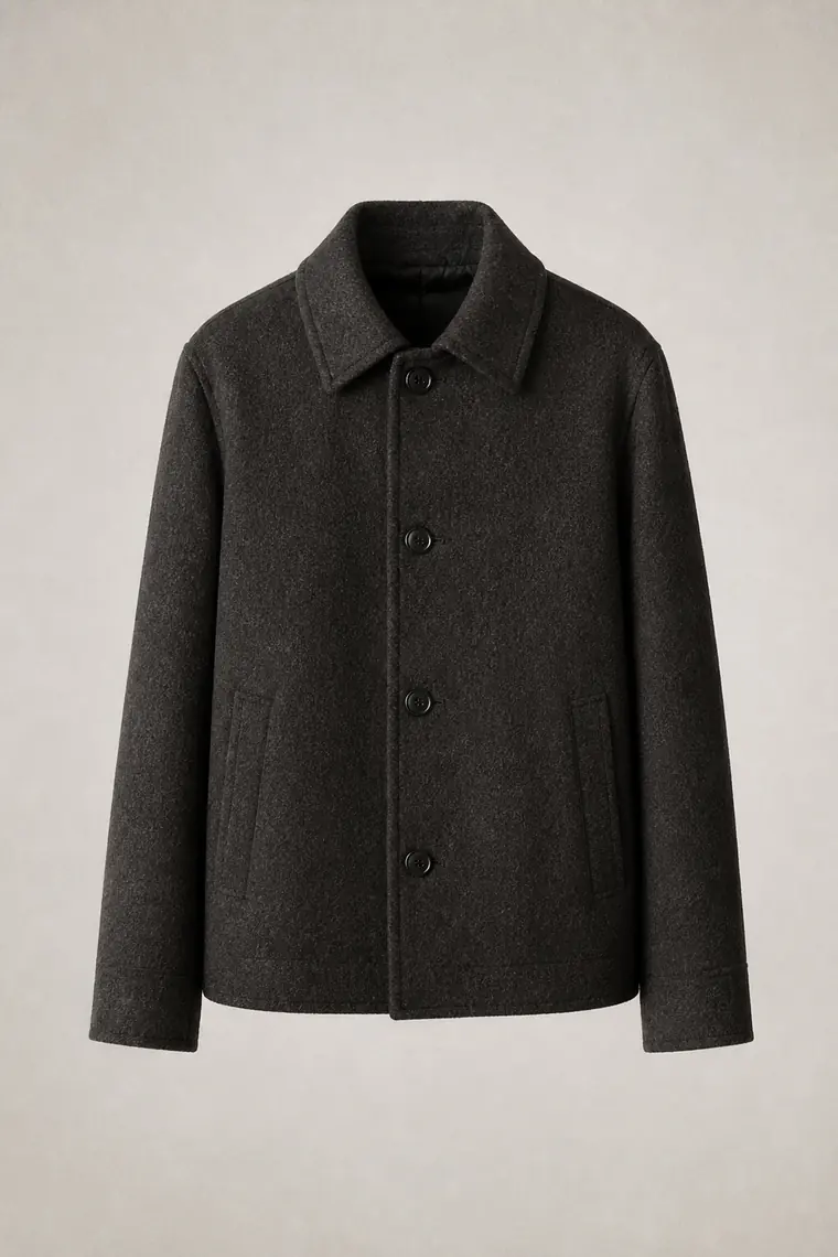Charcoal wool coat folded on a pale grey ground before packing