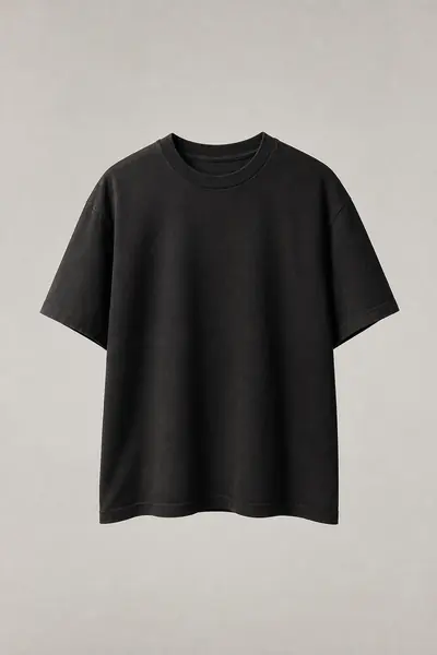 Heavyweight black cotton t-shirt photographed front on against a pale grey ground