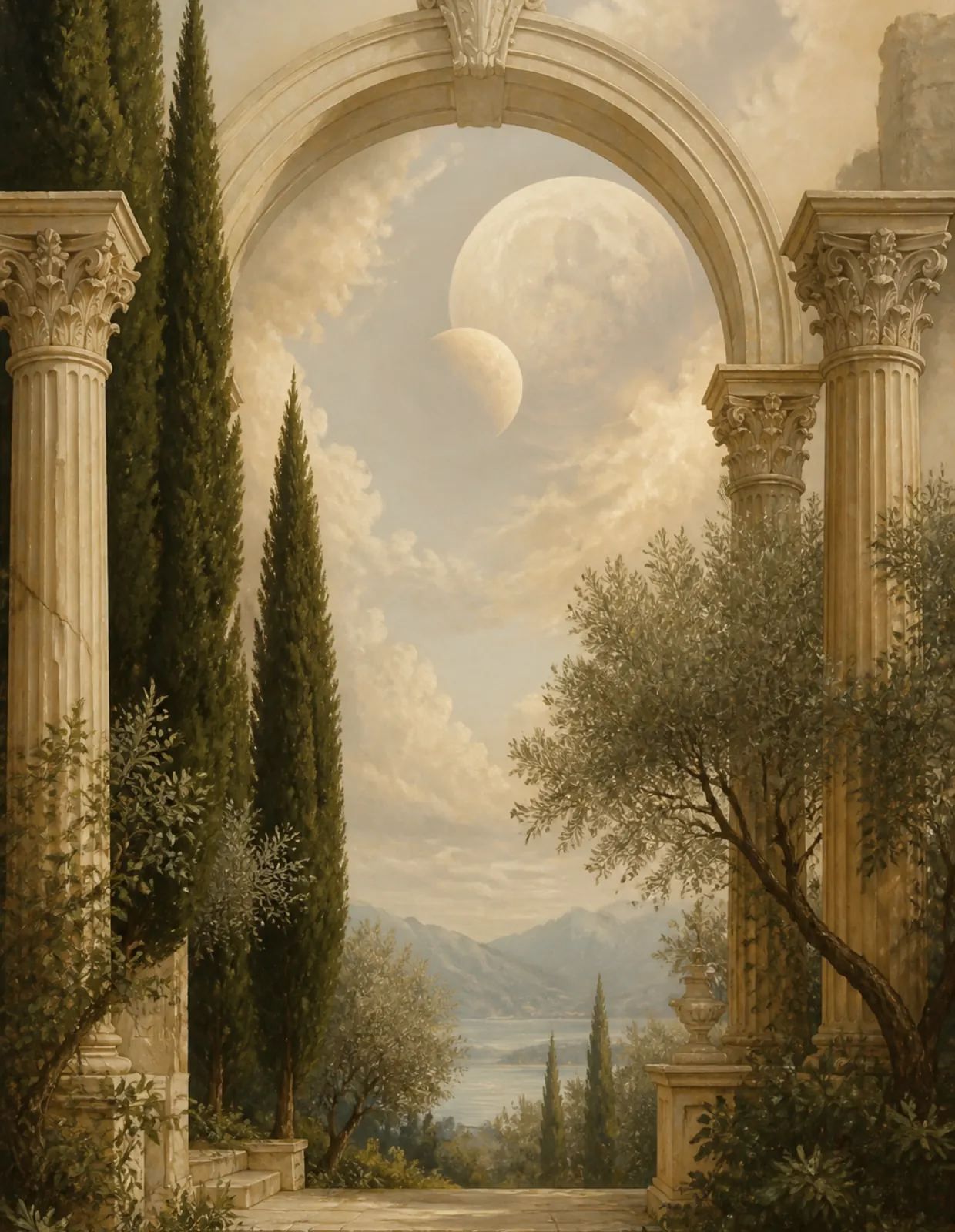 Painted courtyard with columns, trees and drifting cloud