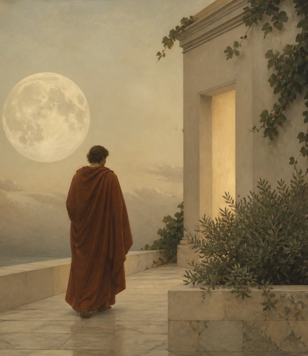 Painted scene of a figure walking towards a lit doorway