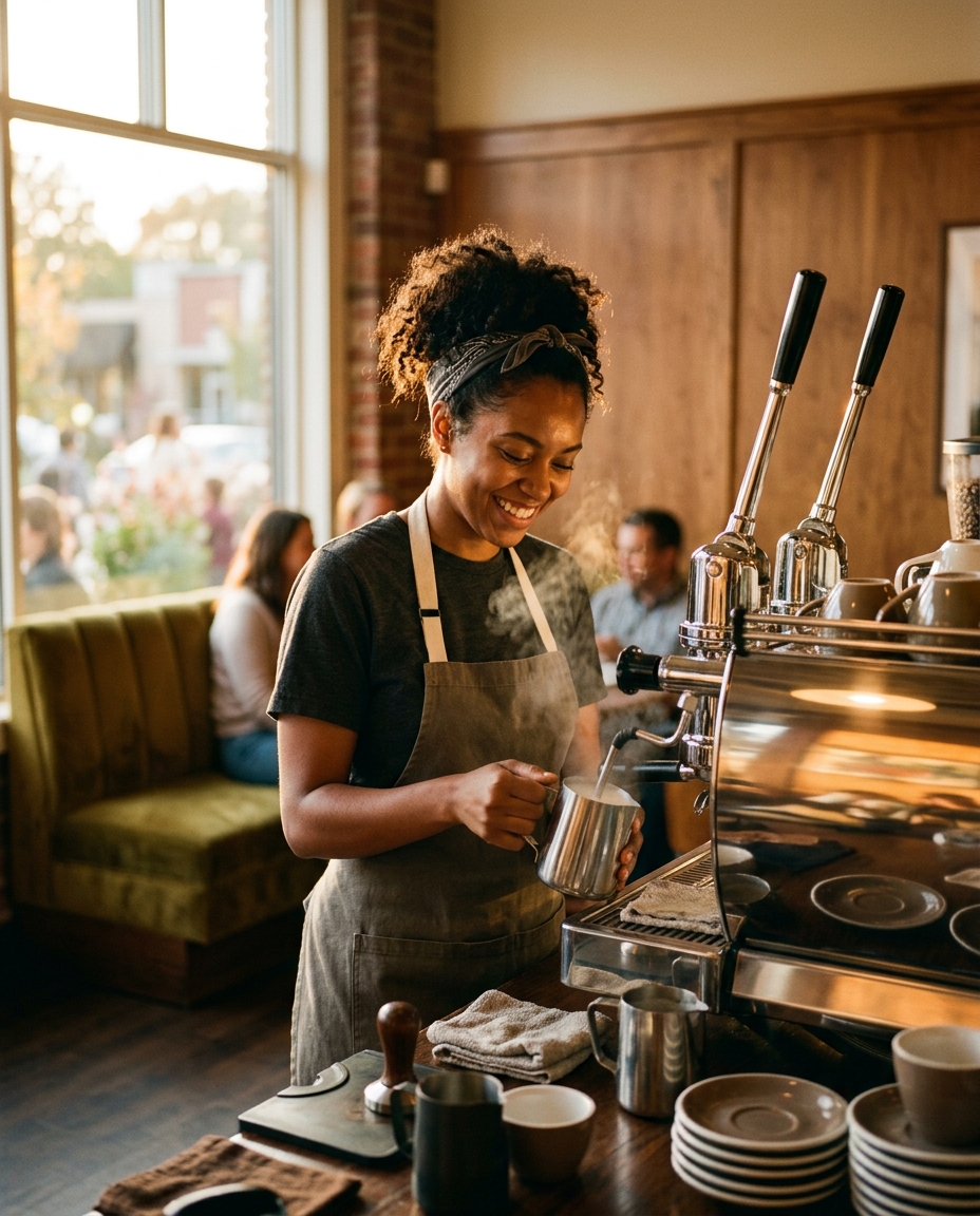 A barista steaming milk behind the espresso machine