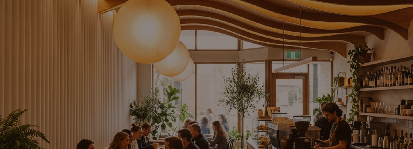 Guests at the long table under the curved timber ceiling