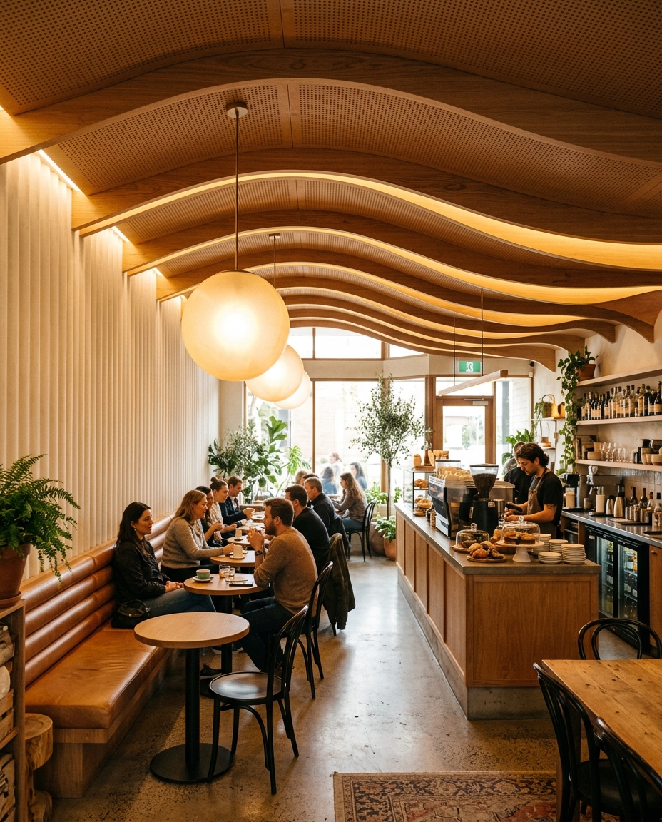 A warm cafe interior with curved timber ceiling and caramel banquettes