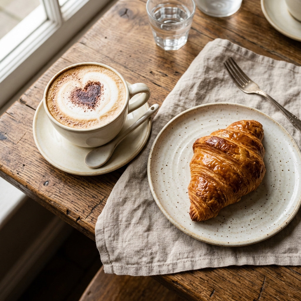A cappuccino beside a glazed butter croissant on a rustic wood table