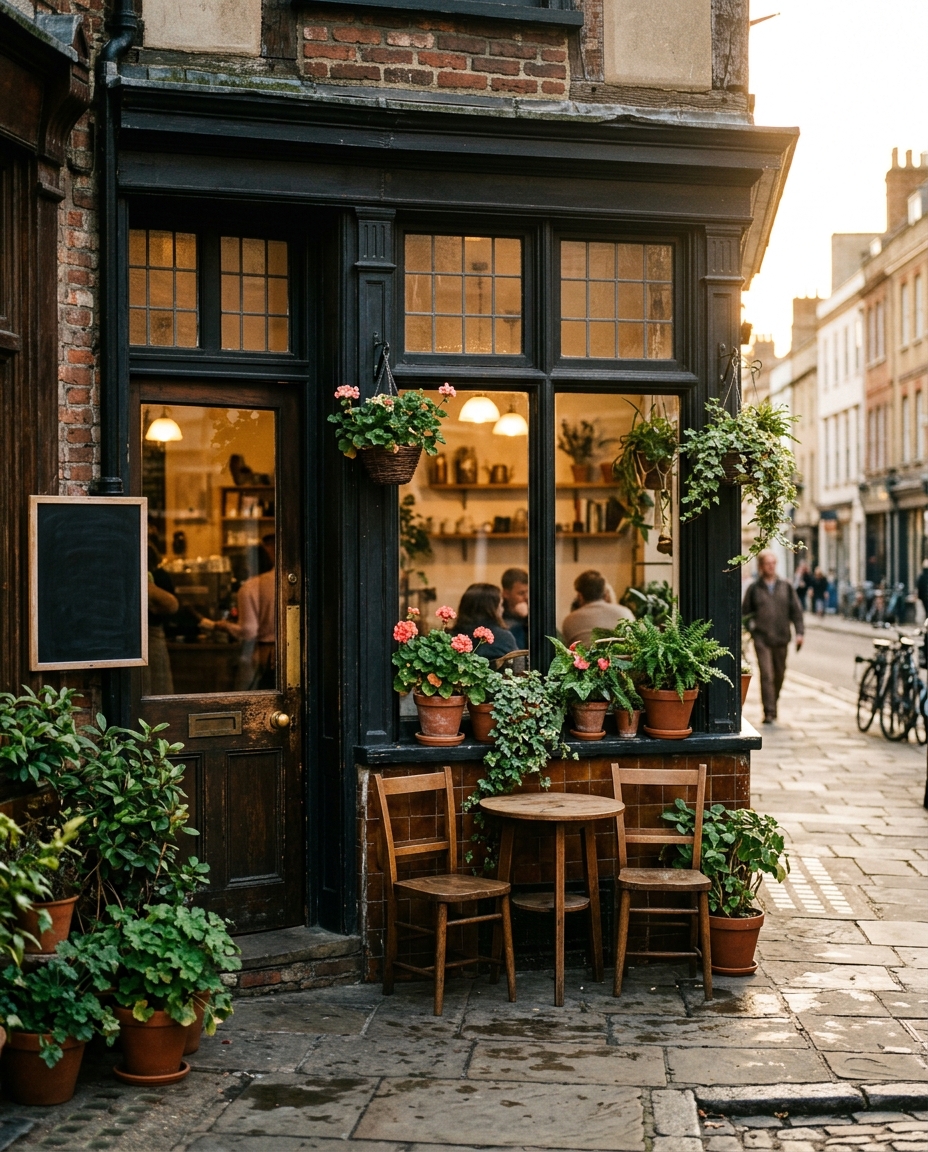 A small cafe storefront glowing at golden hour