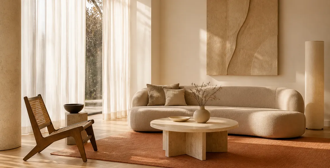 A calm studio interior with a low sofa, round table and warm daylight