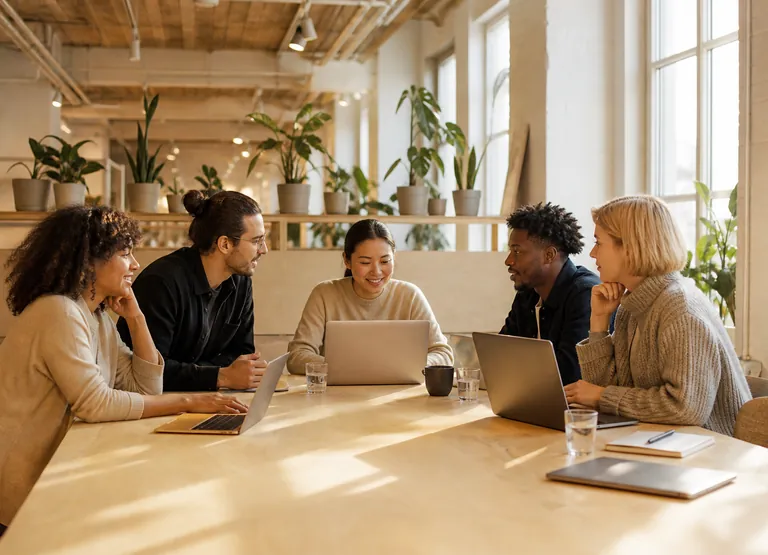 The Sparkstack team working together around a long table in a bright studio