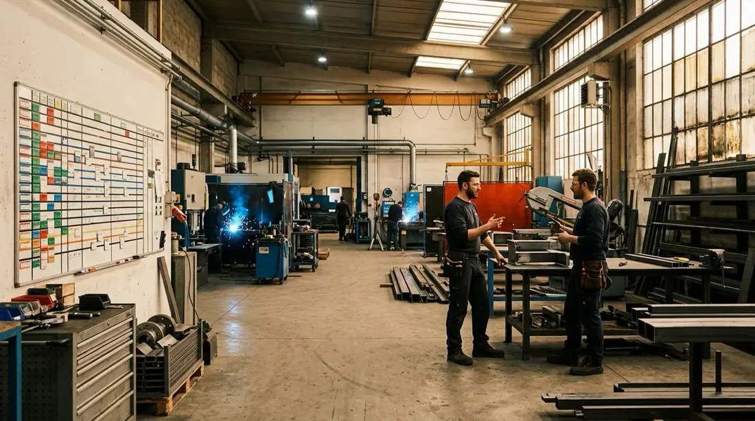 Fabrication shop floor with a visible work queue board