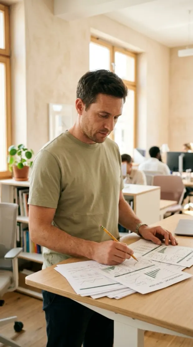 Analyst marking up a margin report at a standing desk