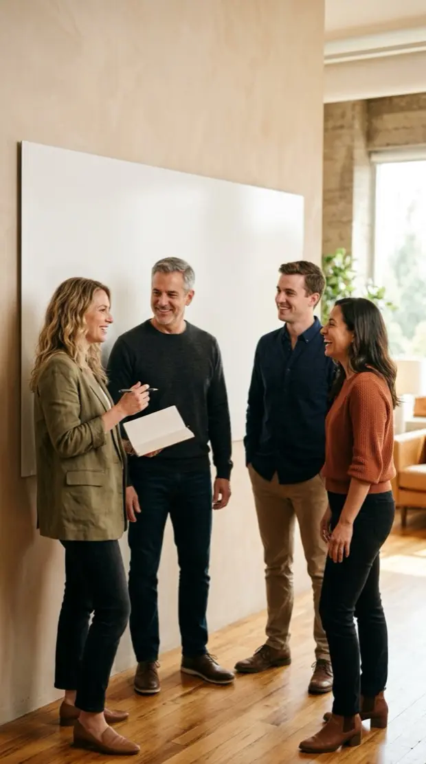 Leadership team in a short standing meeting beside a metrics board