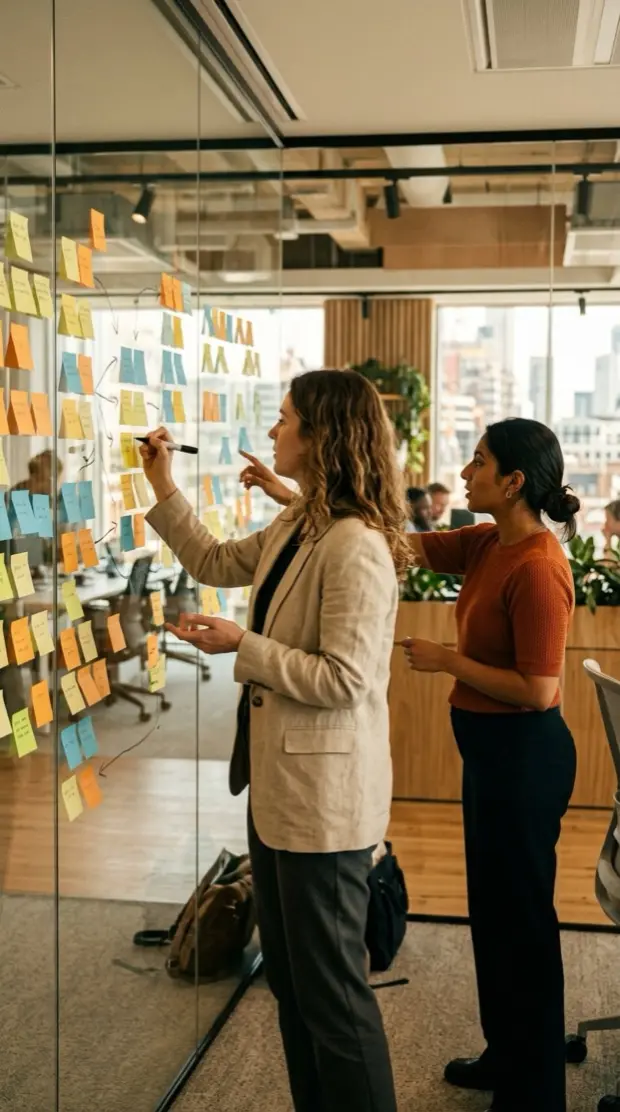 Two consultants mapping a production queue on a glass wall