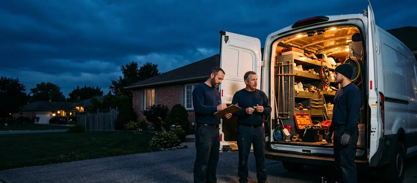 Three plumbers at the open rear doors of a service van in a driveway at dusk