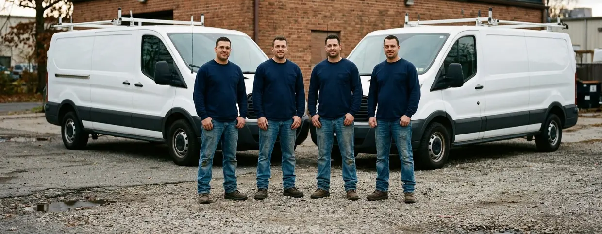 Plumbers in navy work shirts standing in front of two white service vans outside the shop