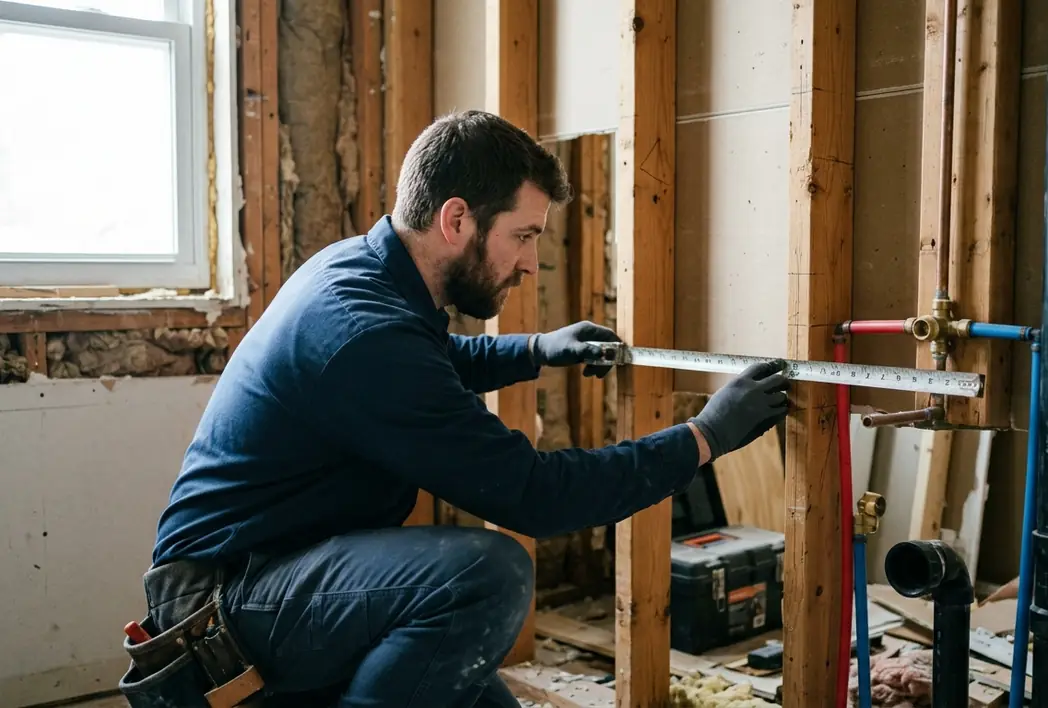 Plumber measuring a rough-in line in an open stud wall during a bathroom renovation