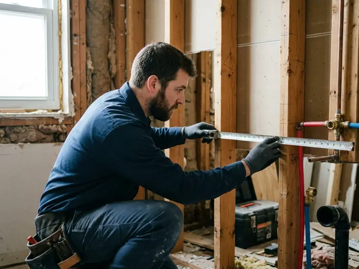 Plumber measuring a water line rough-in inside an open stud wall