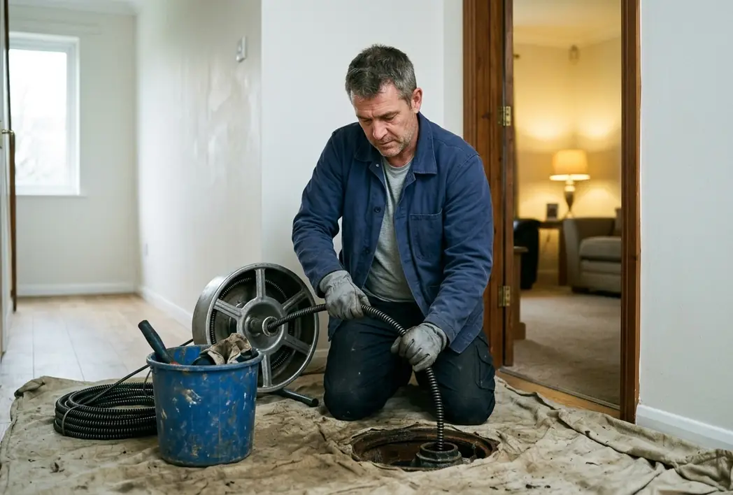 Plumber running a drum auger cable into a floor cleanout on a drop cloth