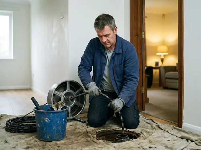 Plumber running a drum auger cable into a floor cleanout on a drop cloth