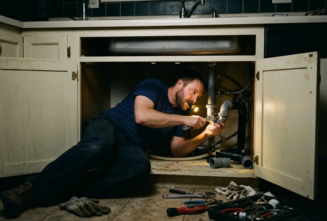 Plumber tightening a trap fitting under a kitchen sink by torchlight
