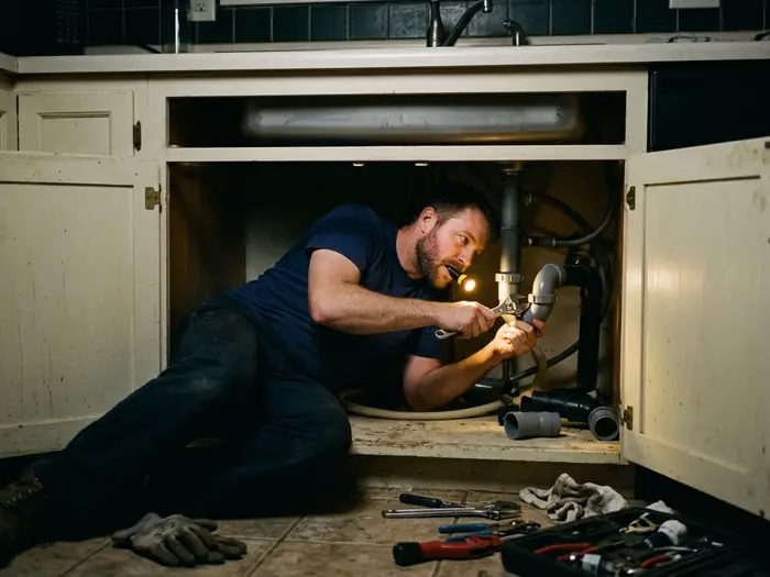 Plumber tightening a trap fitting under a kitchen sink by torchlight