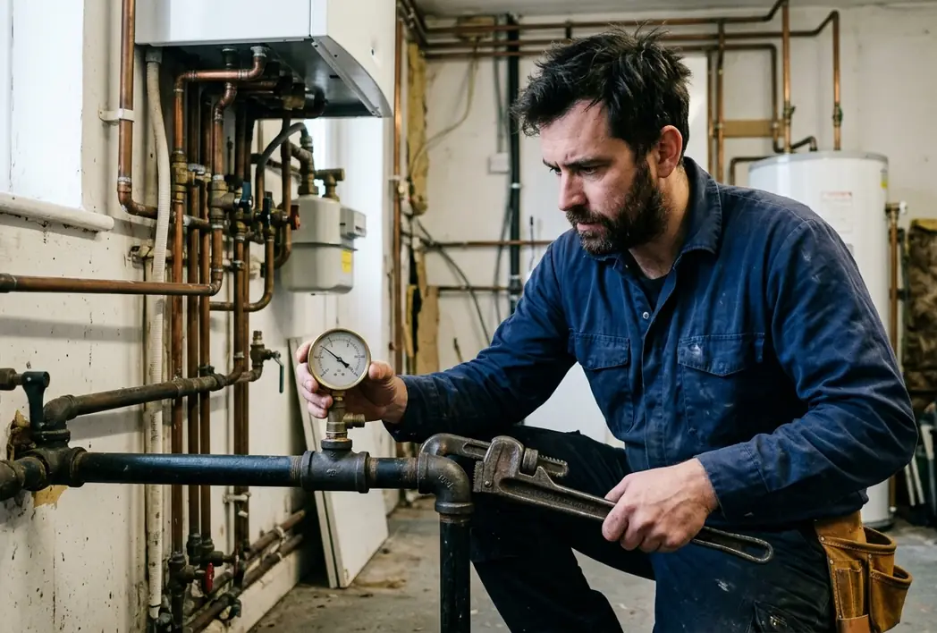 Gas piping and a pressure gauge in a suburban utility room
