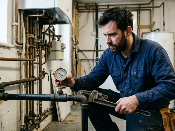 Plumber testing a black iron gas line with a pressure gauge in a utility room