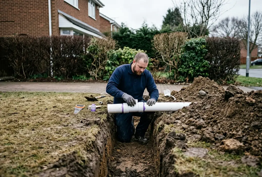 Plumber kneeling in an open trench joining a plastic sewer pipe in a front lawn