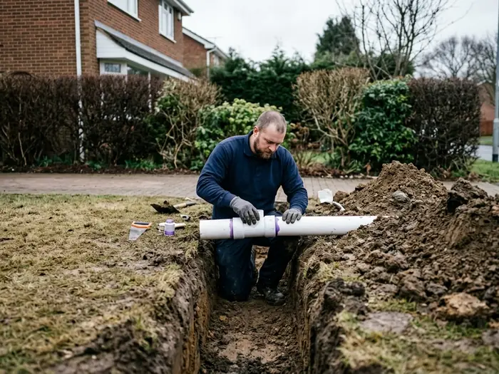 Plumber kneeling in an open trench joining a plastic sewer pipe in a front lawn