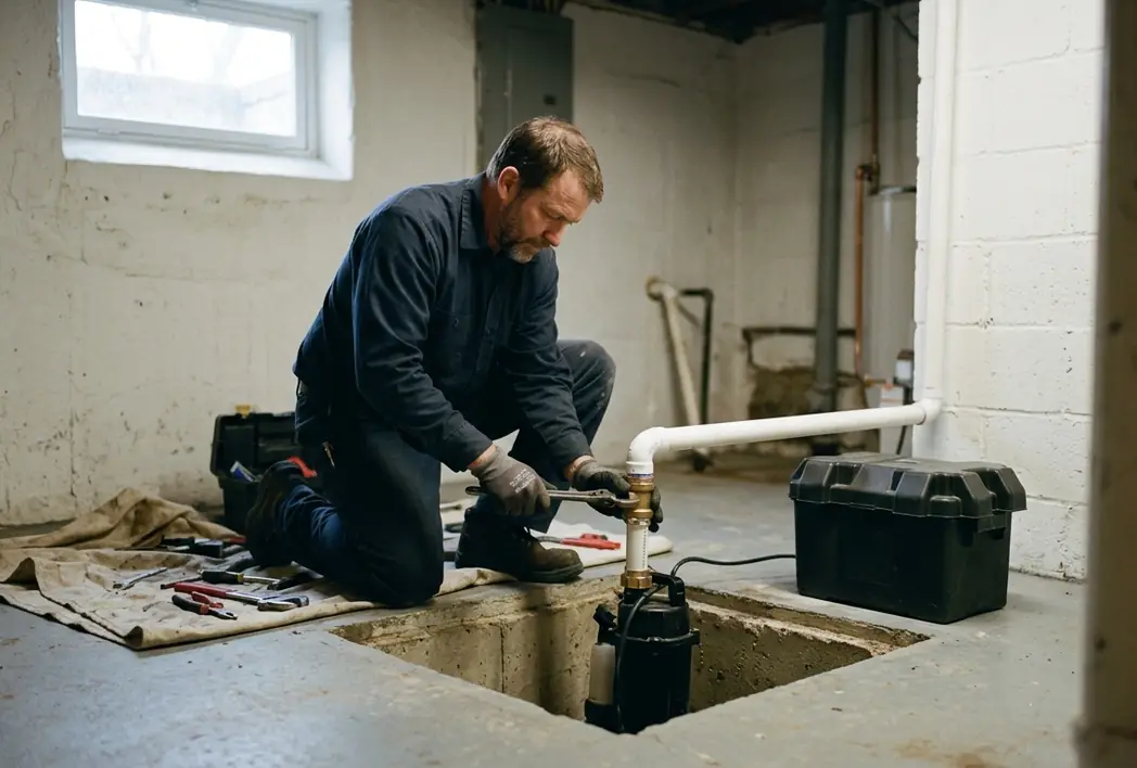 Sump pump set into a basement pit with a battery backup unit