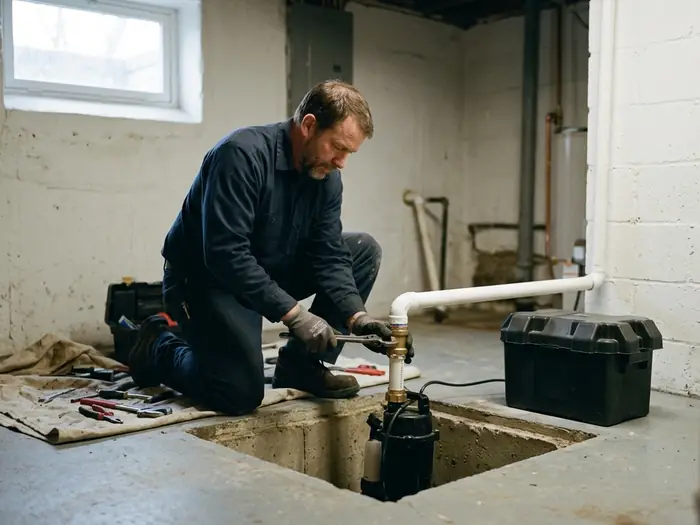 Plumber fitting a sump pump into a basement pit next to a battery backup box