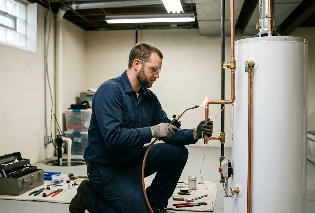 Copper lines and fittings at the top of a tank water heater