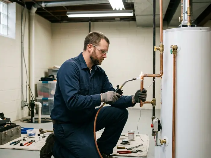 Plumber soldering a copper supply line beside a newly fitted tank water heater