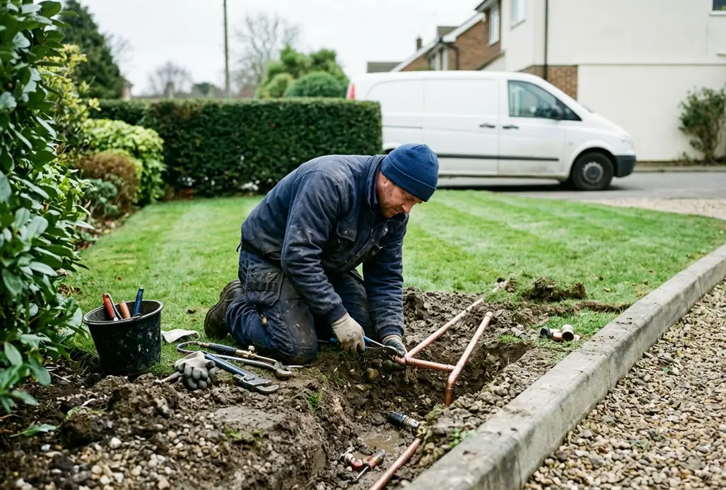 Plumber working at a curbside water service line beside a parked van