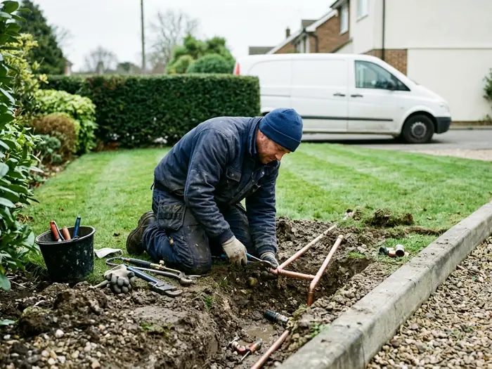 Plumber working on a copper water service line in a shallow curbside trench